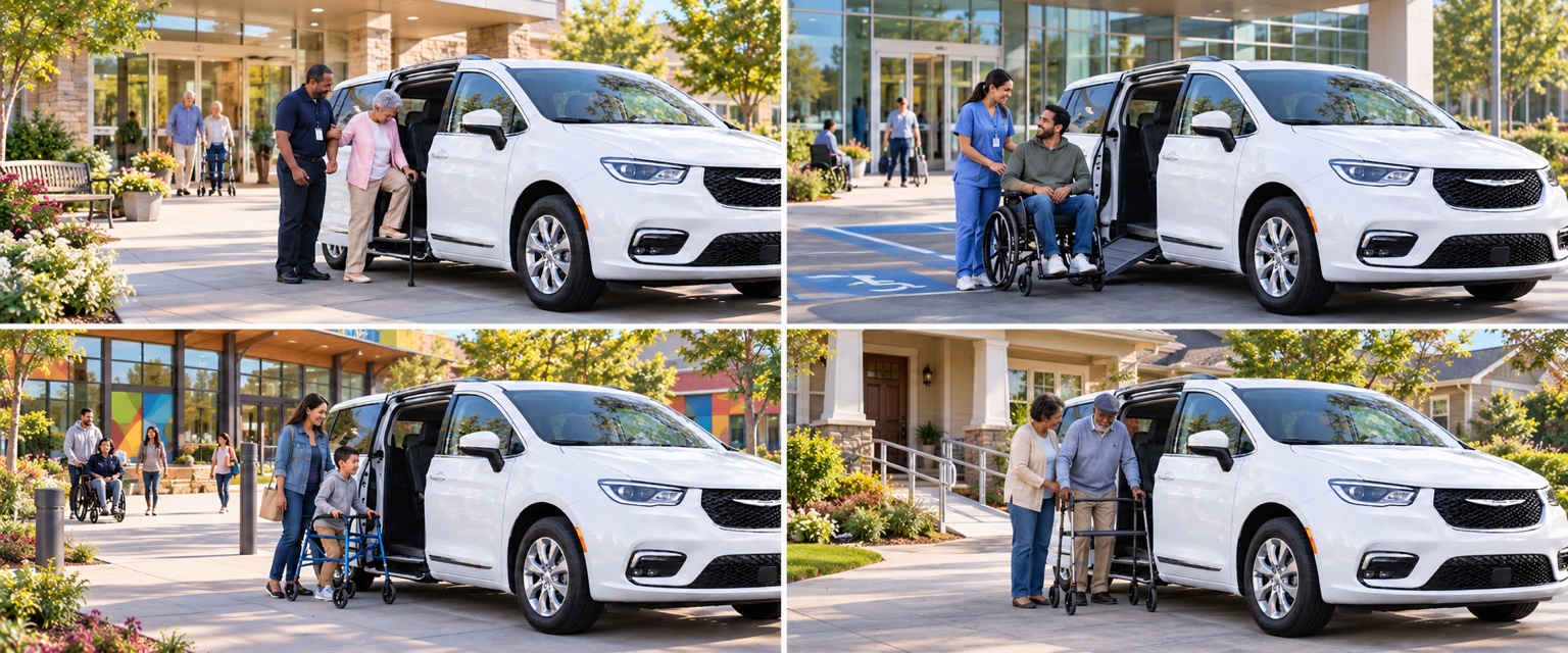 Four scenes showing riders receiving respectful assistance beside a transportation vehicle