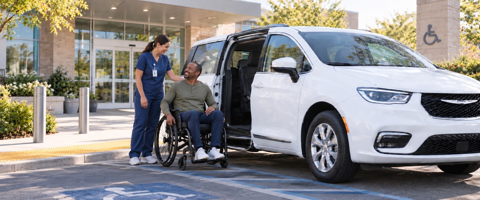 A transportation professional standing with a rider beside a vehicle at a healthcare facility